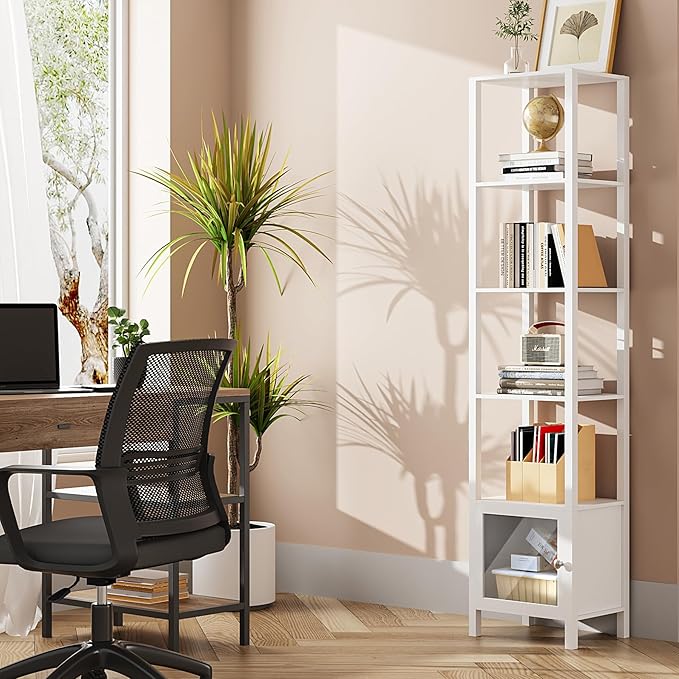 TUTOTAK 6 Tier Bookcase and Bookshelf, Narrow Book Shelf with Door for Small Space, for Living Room, Office, Study, Entryway, White BS03BW006