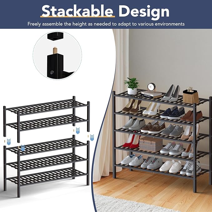 Haddockway Long 3 Tier Bamboo Shoe Rack Storage Organizer,Multifunctional Free Standing Stackable Shoe Shelf with Grid Panel for Closet,Hallway,Entryway,Small Space 34.2"x11"x20"