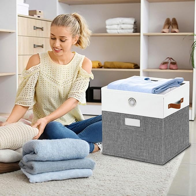 11x11 Cube Storage Organizer Bins Set of 4,foldable Storage Bins with Label,Cubby Storage Organizer with Metal pull ring and Leather Handles(Grey/White)