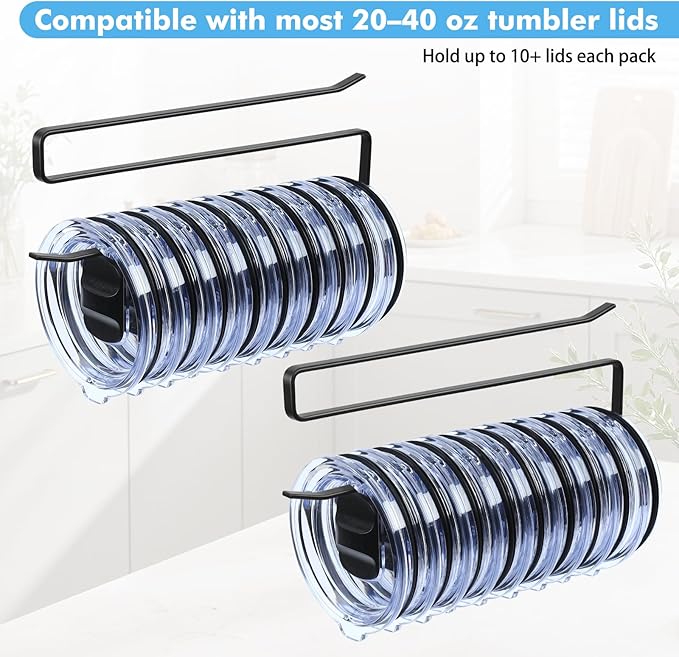 2 Pack Tumbler Lid Organizer, Under Cabinet Cup Lid Holder - Heavy Duty Iron with Anti-Rust Coating, Holds 10+ Lids , No Drill Space-Saving Kitchen Bathroom Organizer for 20-40 oz Tumbler Lids, Black