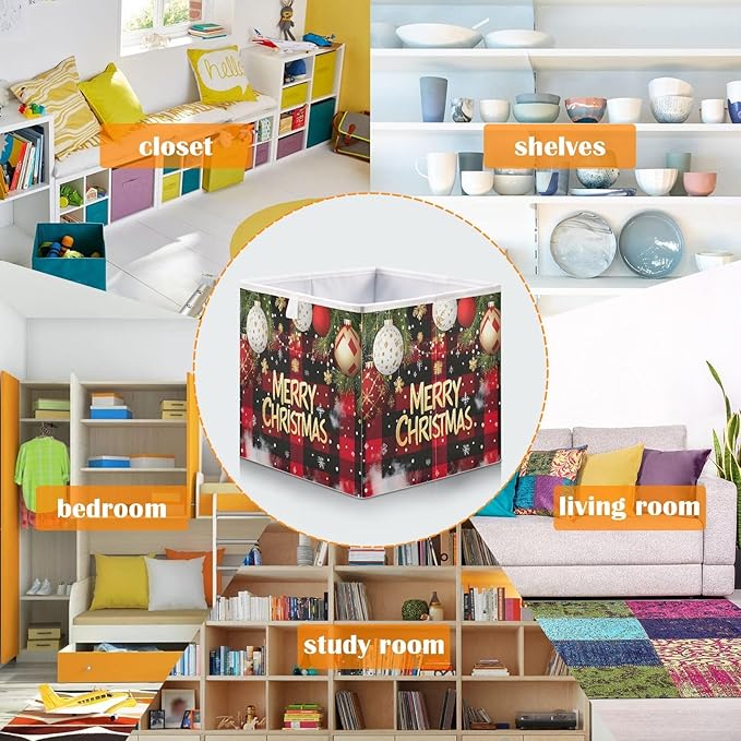 Bolaz Checked Christmas Background Closet Organizers Storage Cubes Storage Bins Shelf Baskets Containers for Home Room Office,Square
