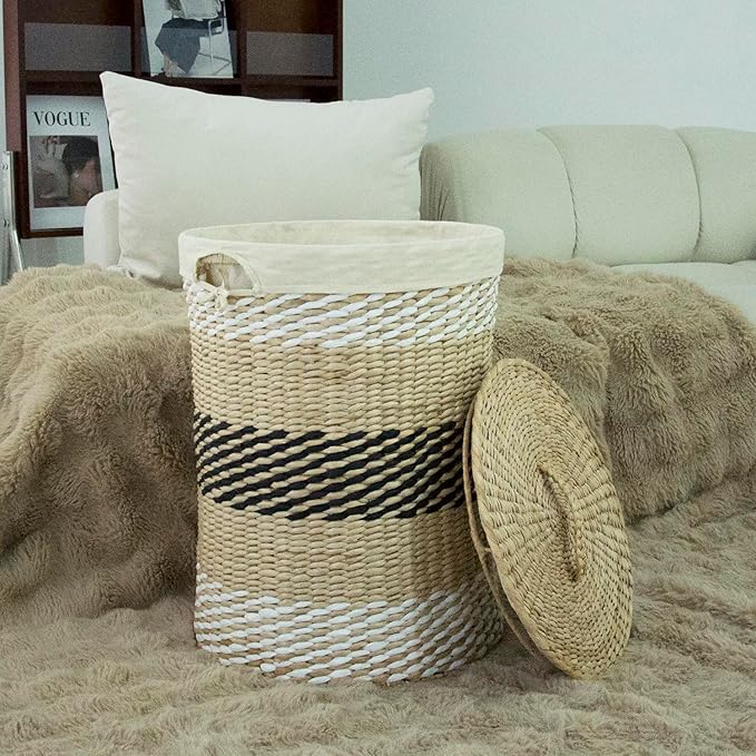 Hand-Woven Wicker Laundry Basket with Lid, 20 Gal (75 L) Large Laundry Hamper with Removable Liner for Laundry Room and Home Decor, Artisan Multicolor (21"H x 15.7"D)