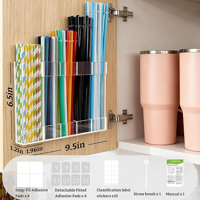 9.5” Large Acrylic Straw Holder for Cabinet Door with Detachable Ultra Sticky Adhesive Squares and Stickers, 2026 Reusable Straws Organizer Storage Dispenser for Kitchen Counter Cupboard
