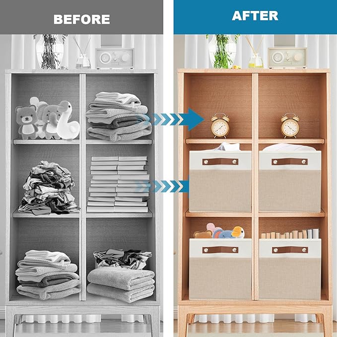 6 Pack Fabric Storage Baskets for Shelves , Closet Storage Bins for Shelves, Fabric Baskets for Organizing with Handles for Home and Office (White with Beige,15" L*10.2" W*9" H)
