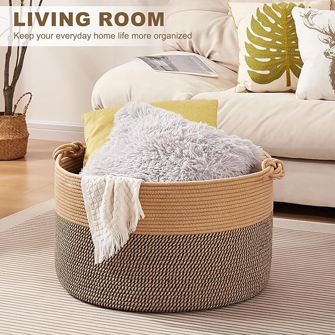 Large Blanket Storage Basket for Living Room, 22.8" x 22.8" x 13" Woven Cotton Rope Basket with Handles, Baby Toy Storage, Laundry Hamper for Clothes, Pillows, Towels-Brown and Black