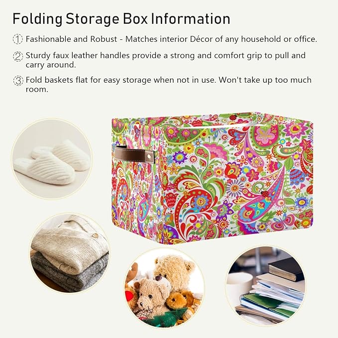 AUUXVA Storage Basket Colorful Paisley Flower Floral Storage Cube Box Durable Canvas Collapsible Toy Basket Organizer Bin with Handles for Shelf Closet Bedroom Home Office