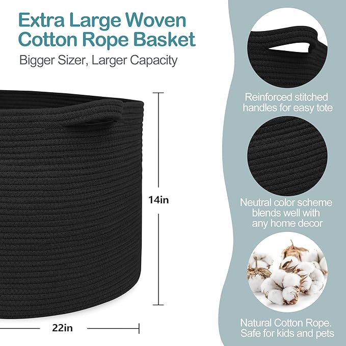 Large Black Blanket Basket, 22" X 22" X 14" Woven Rope Bin for Storage, Kids Dog Toy Storage Box Organizer Bins, Blanket Holder for Living Room, Decorative Wicker Basket for Organizing
