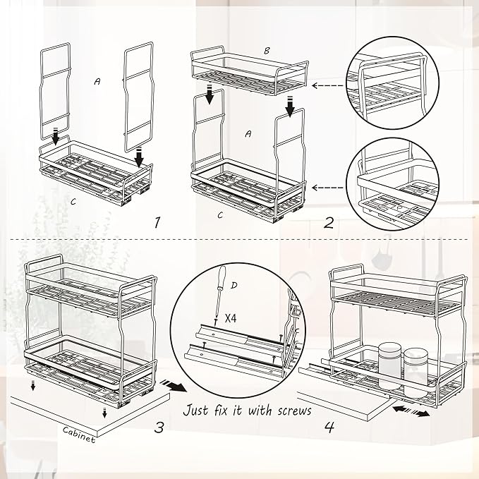 Pull Out Spice Rack Organizer for Inside Kitchen Cabinets, Heavy Duty Slide Out Seasoning Kitchen Organizer, 2 Tier Vertical Sliding Seasoning Organizer, 10.5" D x 5.1" W x 9.6" H