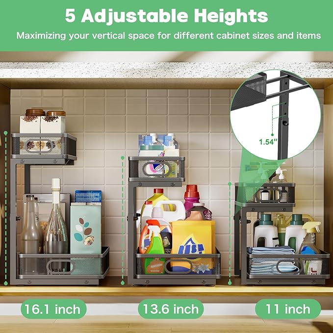 Under Sink Organizer, Height Adjustable 2 Tier Under Sink Organizers and Storage, Slide Out Metal Cabinet Organizers, Pull Out Sink Storage Drawer Shelf for Kitchen Bathroom Cabinet, Black, 2 Pack