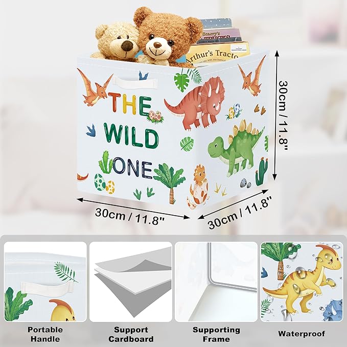 11.8" Boho Dinosaurs Cube Storage Organizer Set 3Pcs Palms Eggs Cube Storage Bin for Bathroom/Bedroom Kid Book Toy Chest, Volcanoes
