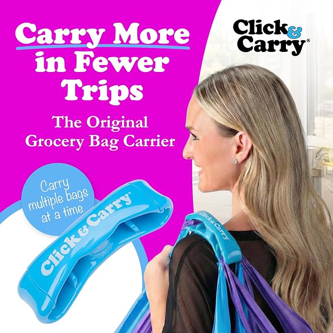 Click & Carry Grocery Bag Carrier Handle - Carry More in Fewer Trips, 100lb Capacity, Hands-Free, Gel-Padded Ergonomic Design, Shopping & Grocery Bag Holder - As Seen On Shark Tank, Blue, 1 Pack