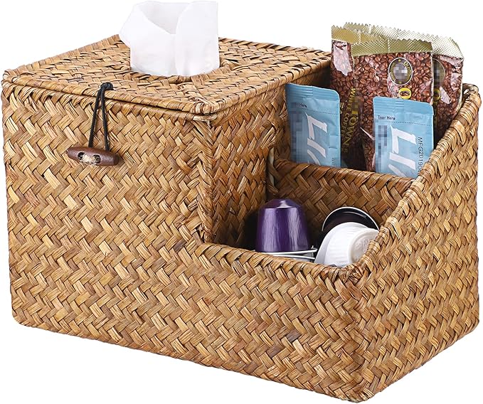 Sumnacon Square Woven Tissue Box Cover - Decorative Cube Tissue Box Holder with Side Organizer, Rustic Seagrass Tissue Box for Living Room Vanity Night Stand Table Countertop Office,Caramel