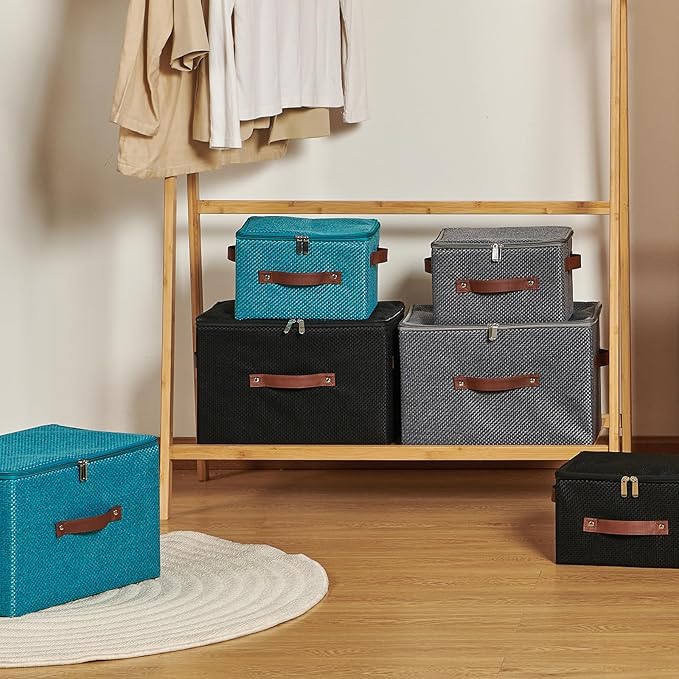 2PCS Storage Bins with Lid Fabric Storage Box Basket PU Leather Handle Textured Woven Cotton Linen Decorative Foldable Washable Shelf Closet Organizer Container (Zipper Lid, Blue, Small)