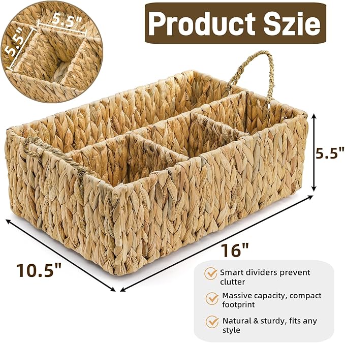 Water Hyacinth Storage Basket, 4 Section Natural Wicker Storage Bin, Woven Storage Organizer with Handle, Large Divided Basket for Shelves Countertop Bathroom Pantry, 16" L x 10.5" W x 5.5" H