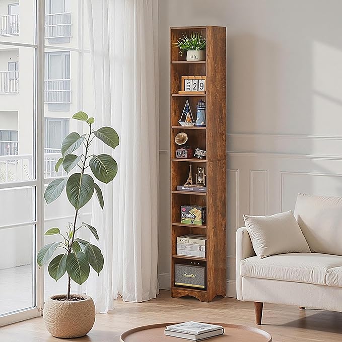 VECELO Narrow Tall 71 inch Adjustable Bookshelf - Customizable Shelf Heights, Elevated Dust/Moisture-Proof Base, Rustic Wood Display Shelf for Living Room Bedroom Small Spaces-Brown