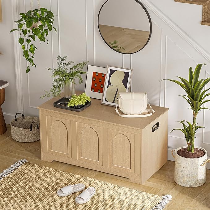 DINZI LVJ Storage Chest, 39.4âWooden Storage Box with 2 Safety Hinges, Entryway Shoe Bench with Flip-Top, Trunk for Living Room, Bedroom, Easy Assembly, Natural