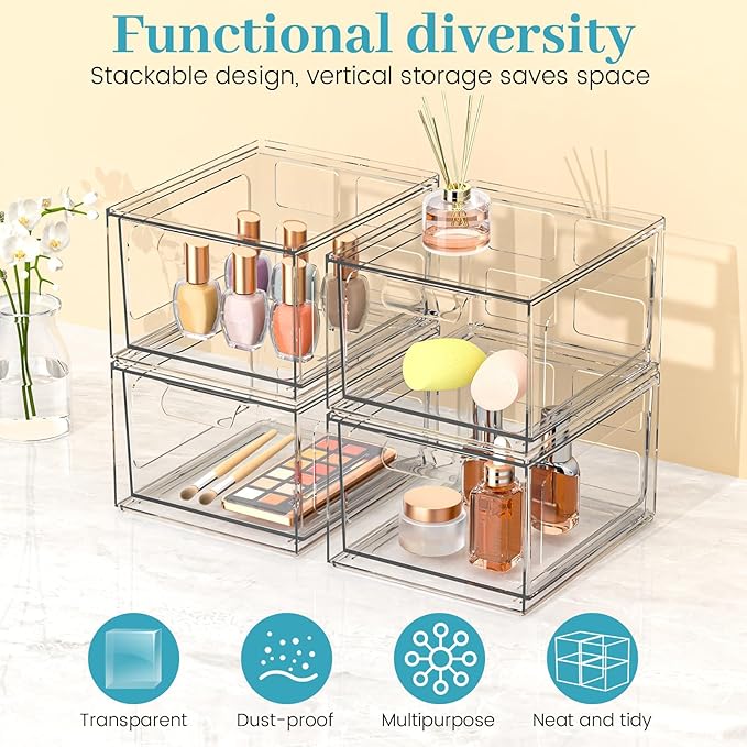 2 Pack Stackable Plastic Makeup Organizer Drawers, Acrylic Organizers, Clear Storage Bins with Pull-Out Handles for Vanity, Kitchen Cabinets, Pantry