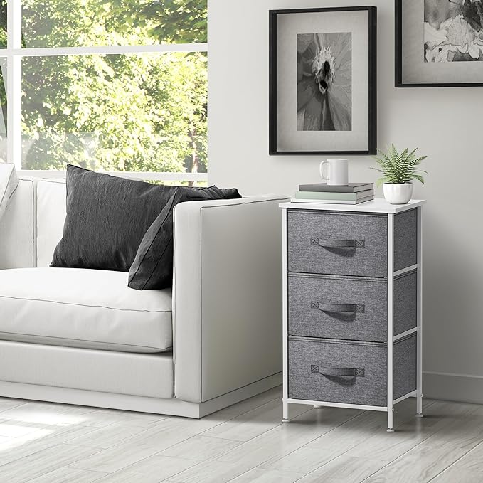 Sorbus Nightstand with 3 Drawers - Bedside Furniture & Night Stand End Table Dresser with Steel Frame, Wood Top, Easy Pull Fabric Bins for Home, Bedroom Accessories, Office & Dorm