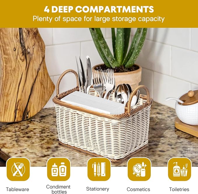 Wicker Flatware Organizer, Cutlery Holder for Countertop, Woven Cutlery Storage with Handles, 4 Compartments Utensil Tableware Basket