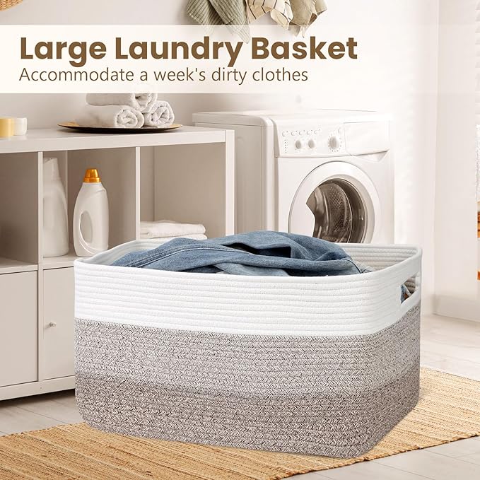 95L Blanket Basket, Large Woven Baskets for Storage, Blanket Storage for Living Room, Rope Basket with Handles for Bedroom, Nursery, Toys, Clothes, 24â x 17â x 13.5â, White & Brown