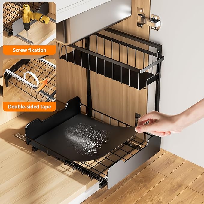 Under Sink Organizer, 2-Tier L-Shaped Pull Out Cabinet Shelf with 2 Installation Methods, Adjustable Sliding Storage Drawer for Kitchen, Bathroom, Laundry, Metal, Black, 2-Pack