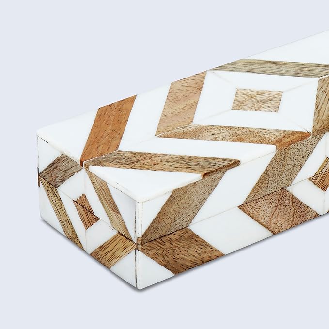 Handicrafts Home White Decorative Box with Lid–Marquet Resin Inlay & Wood Decorative Boxes for Home Decor, Decor, Storage Box for Jewellery & Keys White Brown Neutral Decorative Storage Box-10x2.5x1.5