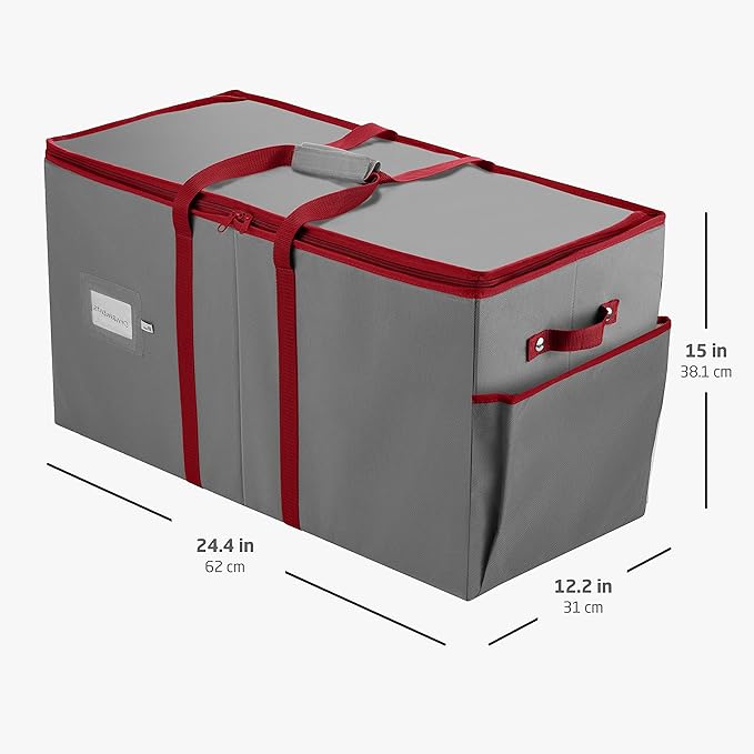 ZOBER Large Christmas Ornament Storage Box - Stores 80 3" Ornaments, With Dividers - With Large Compartment for Figurines, and Accessories, Durable Christmas Containers Holder, 4 Extra Pockets - Gray