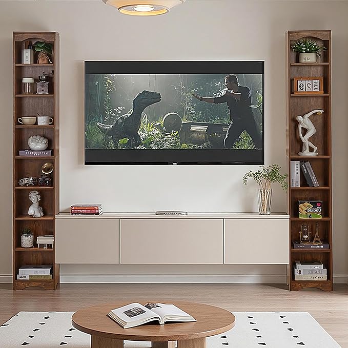 VECELO 6 Adjustable Shelf Narrow Storage Shelf - Elevated Dust-Resistant Base, Customizable Compartment Heights, Brown Display Shelf for Small Spaces