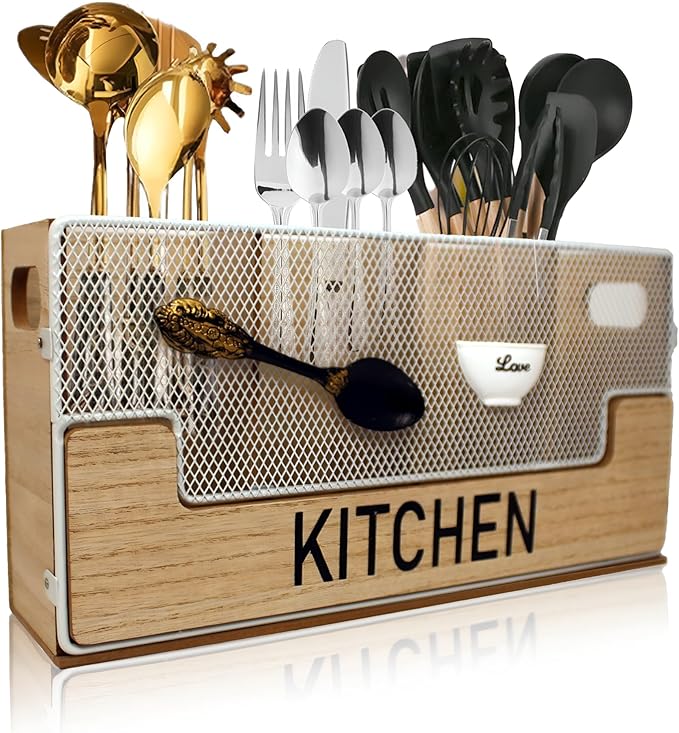 4 Compartments Large Kitchen Utensil Holder Organizer for Counter or Countertop|Wooden Storage Container for Cooking and Silverware| Farmhouse Rustic For Kitchen Organizer