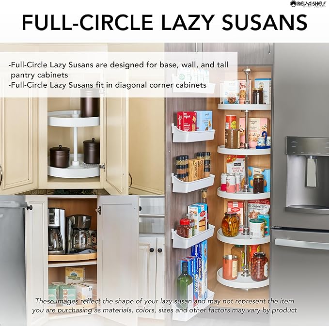 Rev-A-Shelf 24" Dual Full Circle Lazy Susan Organizer for Upper Corner Kitchen Cabinets, Plastic Home Storage 2 Tier Shelves, White, 6012-24-15-52