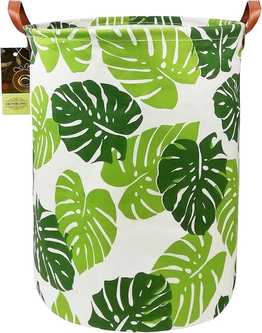 HUNRUNG Laundry Hamper,Large Canvas Fabric Lightweight Storage Basket Toy Organizer Dirty Clothes Collapsible Waterproof for College Dorms, Children Bedroom,Bathroom (Round Leaf)