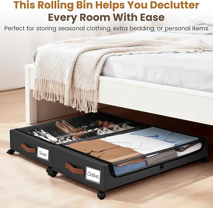 Under Bed Storage with Wheels, XXL Under Bed Drawers, Rolling Metal Drawer for Shoes, Clothes, Books, Toys, Under Bed Organizer with Clear Lids for Dorm Room, Bedroom, Kids Room, 2 Pack