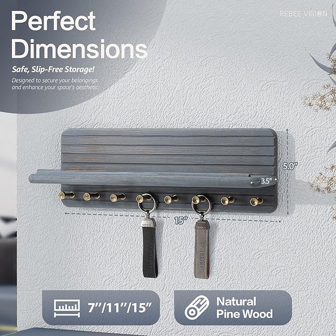 Rebee Vision Pine Wooden Key Holder Wall Mount – Key Holder for Wall with Floating Shelf for Entryway & Office Decor – Functional Wooden Rack with Coat Hooks & Storage Organizer (Royal Blue)