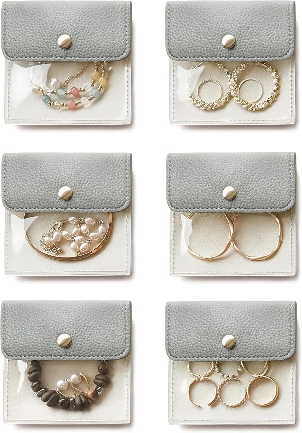 Popvibe 6 Pcs Jewelry Bags Clear Mini Pouch Small Jewelry Pouches for Traveling Leather Portable Travel Jewelry Organizer and Storage Bag for Earrings, Necklace, Blue Gray