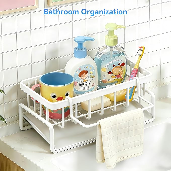 Sponge Holder for Kitchen, Sink Caddy Organizer Rack for Kitchen Accessories, Soap Dispenser Countertop Organizer Essentials for Home (White)