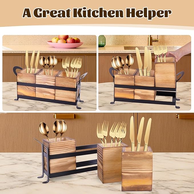Wooden Silverware Caddy with 3 Detachable Compartments & Portable Handle - Farmhouse Countertop Organizer for Forks/Spoons/Knives, Cutlery Holder for Party, Kitchen & Dining