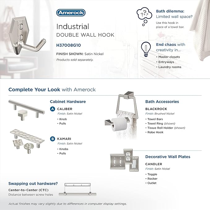 Amerock H37008G10 | Benton Double Prong Decorative Wall Hook | Satin Nickel Hook for Coats, Hats, Backpacks, Bags | Hooks for Bathroom, Bedroom, Closet, Entryway, Laundry Room, Office