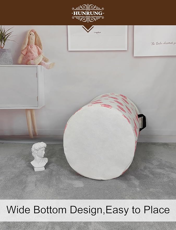 HUNRUNG Laundry Hamper,Large Canvas Fabric Lightweight Storage Basket Toy Organizer Dirty Clothes Collapsible Waterproof for College Dormsï¼Round-Pink Pawï¼