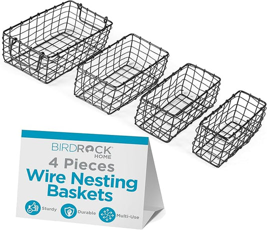 BIRDROCK HOME Wire Storage Basket Set - Iron Baskets for Organizing, Kitchen Pantry Shelves, Rectangle Bins for Bathroom, Closet, Utility, Office, Farmhouse Countertop Organization - Black - 4pc