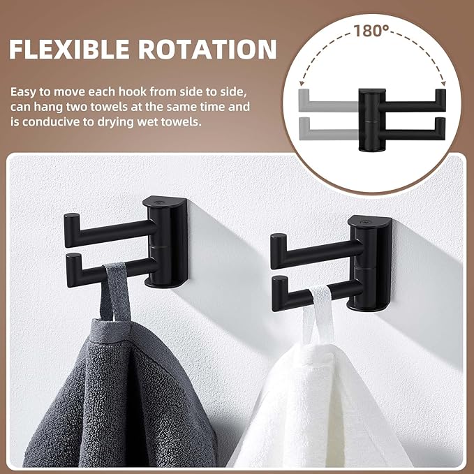 Suyar Double Towel Hook Matte Black, SUS 304 Stainless Steel Heavy Duty Wall Hook for Bathroom, Swivel Coat Holder, Towel Hanger with 2 Foldable Arms, 2 Pack