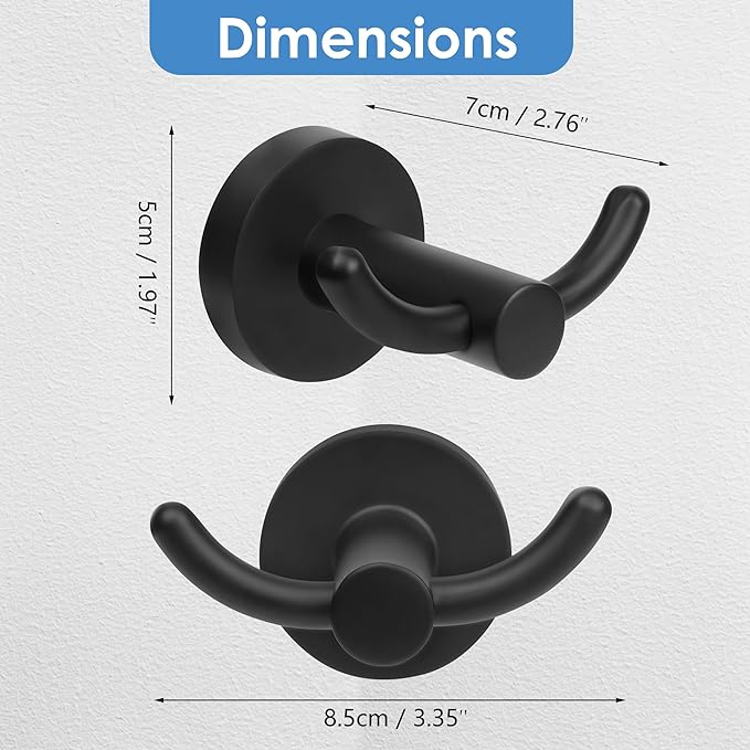 Black Towel Hooks, Bathroom Robe Hook 2 Pack, Towel Hooks Rack Bath Modern Coat Clothes Single Hook Wall Mounted for Bathroom Kitchen Washroom