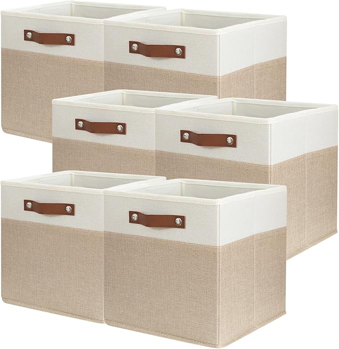 SNWDN 6 Pack Large Fabric Storage Baskets for Organizing Collapsible Fabric Storage Bins with Handles for Home and Office Organizing (White/Beige 13x13x13 Inches)