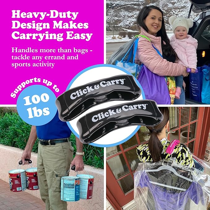 Click & Carry Grocery Bag Carrier Handle - Carry More in Fewer Trips, 100lb Capacity, Hands-Free, Gel-Padded Ergonomic Design, Shopping & Grocery Bag Holder - As Seen On Shark Tank, Black, 2 Pack
