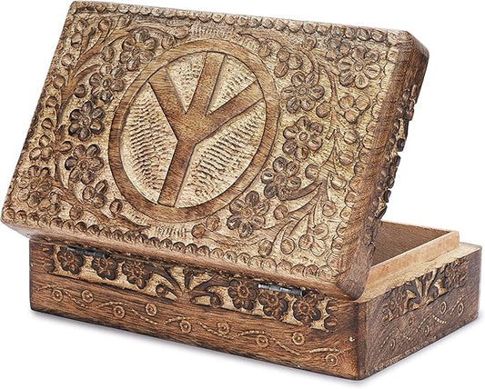 Ajuny Wooden Hand Carved Decorative Jewelry Box Peace Design Carvings Vintage Keepsake Storage Organizer Travel Treasure Chest Trinket Holder Case Great Gifts 8x5 Inch