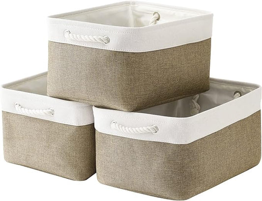 TheWarmHome Storage Basket for Organizing - 16x12x8 inch Large 3 Pack Collapsible Storage Bin for Shelves with Handles, Fabric Storage Cubes for Organizer Cloth Gift Toy Closet (Whiet & Khaki)