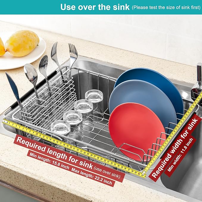iPEGTOP Expandable Dish Drying Rack Over Sink, Rustproof Stainless Steel Dish Drying Rack Basket Shelf, Multifunctional Dish Drainer Organizer with Utensil Cutlery Holder