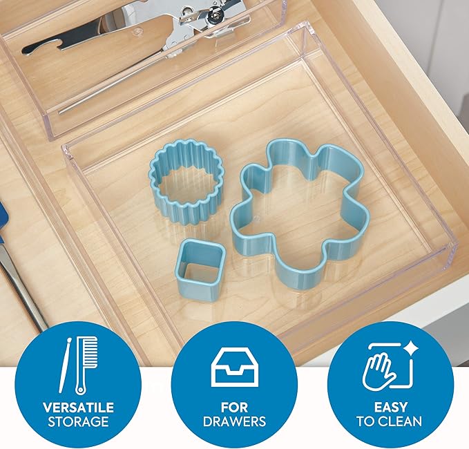 iDesign Clarity Kitchen Drawer Organizer for Silverware, Spatulas, Gadgets - Medium, 8" x 8" x 2", Clear