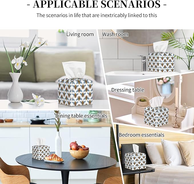 Honey Bee Tissue Box Cover Leather Tissue Box Holder Square Facial Paper Organizer Dispenser for Bathroom Kitchen Bedroom Vanity Countertop Night Stands