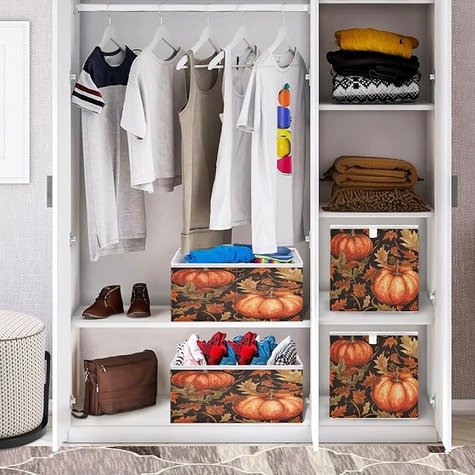 Bolaz Vintage Pumpkin Maple Leaf Closet Organizers Storage Cubes Storage Bins Shelf Baskets Containers for Home Room Office,Square