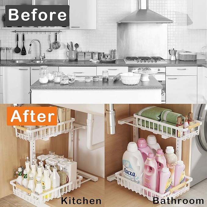 2 Pack Under Sink Organizer Cabinet for Kitchen Bathroom, 2 Tier Metal Slide Out Under Sink Drawers, Adjustable Height, Under Sink Pull Out Organizers and Storage, White,13.7" H-17 H